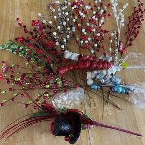 Holiday Colored Ball Sprays, Curly Picks and a Top Hat Pick - Lot of 18 Pieces